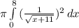 \pi  \int\limits^8_0 { (\frac{1}{\sqrt{x+11}})^2 } \, dx