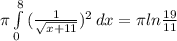 \pi  \int\limits^8_0 { (\frac{1}{\sqrt{x+11}})^2 } \, dx= \pi ln \frac{19}{11}