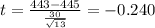 t=\frac{443-445}{\frac{30}{\sqrt{13}}}=-0.240