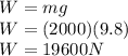 W = mg \\W = (2000) (9.8)\\W = 19600 N