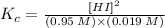 K_{c} = \frac {[HI]^{2}}{(0.95\: M) \times (0.019\: M)}