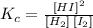 K_{c} = \frac {[HI]^{2}}{[H_{2}]\: [I_{2}]}
