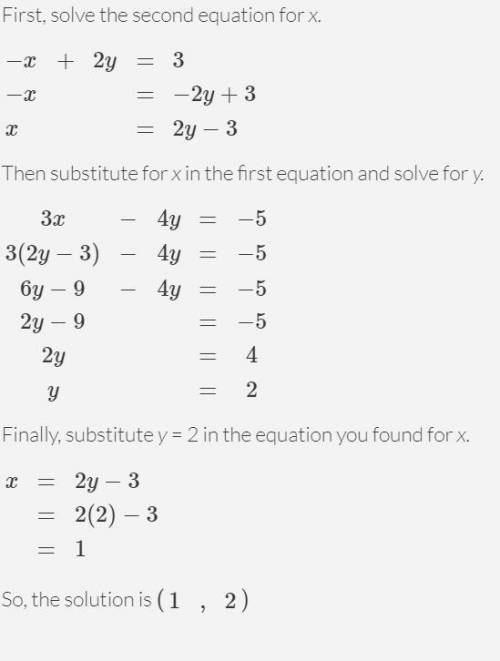 Solve. 3x-4y=-5 -x+2y=3 write answer in the form (x,y).