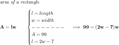 \bf \textit{area of a rectangle}\\\\&#10;A=lw\qquad &#10;\begin{cases}&#10;l=length\\&#10;w=width\\&#10;-------\\&#10;A=99\\&#10;l=2w-7&#10;\end{cases}\implies 99=(2w-7)w