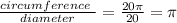 \frac{circumference\ }{diameter}=\frac{20\pi}{20}=\pi