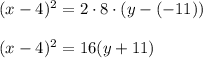 (x-4)^2=2\cdot 8\cdot (y-(-11))\\ \\(x-4)^2=16(y+11)