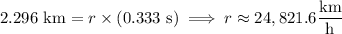 2.296\text{ km}=r\times(0.333\text{ s})\implies r\approx24,821.6\dfrac{\text{km}}{\text{h}}