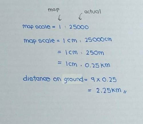 B) the scale on a map is 1 :  25000 how many kilometres on the ground is represented by 9 cm on the