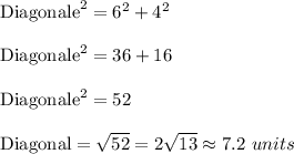 \text{Diagonale}^2=6^2+4^2\\ \\\text{Diagonale}^2=36+16\\ \\\text{Diagonale}^2=52\\ \\\text{Diagonal}=\sqrt{52}=2\sqrt{13}\approx 7.2\ units