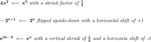 \bf 4x^2\impliedby x^2\textit{ with a shrink factor of }\frac{1}{4}&#10;\\\\\\&#10;-2^{x+1}\impliedby 2^x\textit{ flipped upside-down with a horizontal shift of +1}&#10;\\\\\\&#10;e^{3x-2}\impliedby e^x\textit{ with a vertical shrink of }\frac{1}{3}\textit{ and a horizonta shift of -2}
