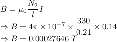 B=\mu_0\dfrac{N_2}{l}I\\\Rightarrow B=4\pi \times 10^{-7}\times \dfrac{330}{0.21}\times 0.14\\\Rightarrow B=0.00027646\ T