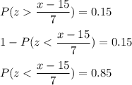 P(z\displaystyle\frac{x-15}{7}) = 0.15\\\\1 - P(z