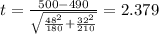 t=\frac{500-490}{\sqrt{\frac{48^2}{180}+\frac{32^2}{210}}}}=2.379
