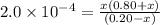 2.0 \times 10^{-4} = \frac{x(0.80 + x)}{(0.20 - x)}