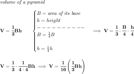 \bf \textit{volume of a pyramid}\\\\&#10;V=\cfrac{1}{3}Bh\qquad &#10;\begin{cases}&#10;B=\textit{area of its base}\\&#10;h=height\\&#10;----------\\&#10;B=\frac{1}{4}B\\\\&#10;h=\frac{1}{4}h&#10;\end{cases}\implies V=\cfrac{1}{3}\cdot \cfrac{B}{4}\cdot \cfrac{h}{4}&#10;\\\\\\&#10;V=\cfrac{1}{3}\cdot \cfrac{1}{4\cdot 4}Bh\implies V=\cfrac{1}{16}\left( \cfrac{1}{3}Bh \right)