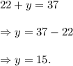 22+y=37\\\\\Rightarrow y=37-22\\\\\Rightarrow y=15.