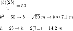 \dfrac{(b)(2b)}{2}=50\\\\b^2=50\to b=\sqrt{50}\ m\to b\approx7.1\ m\\\\h=2b\to h=2(7.1)=14.2\ m