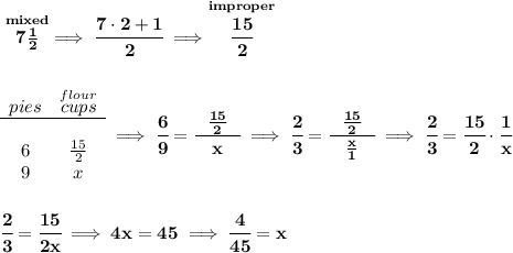 \bf \stackrel{mixed}{7\frac{1}{2}}\implies \cfrac{7\cdot 2+1}{2}\implies \stackrel{improper}{\cfrac{15}{2}} \\\\\\ \begin{array}{ccll} pies&\stackrel{flour}{cups}\\ \cline{1-2}\\ 6&\frac{15}{2}\\ 9&x \end{array}\implies \cfrac{6}{9}=\cfrac{~~\frac{15}{2}~~}{x}\implies \cfrac{2}{3}=\cfrac{~~\frac{15}{2}~~}{\frac{x}{1}}\implies \cfrac{2}{3}=\cfrac{15}{2}\cdot \cfrac{1}{x} \\\\\\ \cfrac{2}{3}=\cfrac{15}{2x}\implies 4x=45\implies \cfrac{4}{45}=x