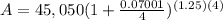 A=45,050(1+ \frac{0.07001}{4})^{(1.25)(4)}