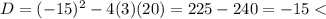 D=(-15)^2-4(3)(20)=225-240=-15