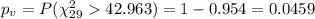 p_v = P(\chi^2_{29}42.963)=1-0.954=0.0459