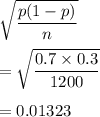 \sqrt{\dfrac{p(1-p)}{n}}\\\\=\sqrt{\dfrac{0.7\times 0.3}{1200}}\\\\=0.01323