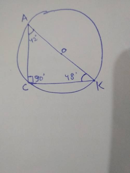 An inscribed triangle with the hypotenuse being the diameter of the circle has angle a be 42 degrees