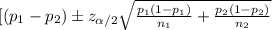 [(p_{1} - p_{2}) \pm z_{\alpha/2} \sqrt{\frac{p_{1}(1-p_{1})}{n_{1}} + \frac{p_{2}(1-p_{2})}{n_{2}} }
