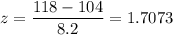 z = \displaystyle\frac{118-104}{8.2} = 1.7073