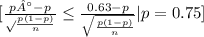 [\frac{p°-p} \sqrt{\frac{p(1-p)}{n} } }\leq \frac{0.63-p}{\sqrt{\frac{p(1-p)}{n} } } | p=0.75]
