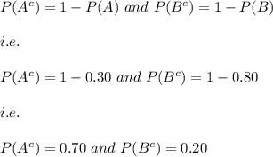 P(A^c)=1-P(A)\ and\ P(B^c)=1-P(B)\\\\i.e.\\\\P(A^c)=1-0.30\ and\ P(B^c)=1-0.80\\\\i.e.\\\\P(A^c)=0.70\ and\ P(B^c)=0.20
