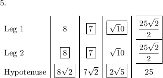 5.\\\\\begin {array}{l|c|c|c|c}\text{Leg 1}&8&\boxed{7}&\boxed{\sqrt10}&\boxed{\dfrac{25\sqrt2}{2}}\\\text{Leg 2}&\boxed{8}&\boxed{7}&\sqrt10&\boxed{\dfrac{25\sqrt2}{2}}\\\text{Hypotenuse}&\boxed{8\sqrt2}&7\sqrt2&\boxed{2\sqrt5}&25\\\end{array}