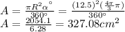 A=\frac{\pi R^{2}\alpha^{\°}}{360\°}}= \frac{(12.5)^{2}(\frac{4\pi}{3}\pi ) }{360\°}\\A= \frac{2054.1}{6.28} =327.08cm^{2}
