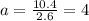 a=\frac{10.4}{2.6}=4