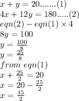 x+y=20.......(1)\\4x+12y=180.....(2)\\eqn(2)-eqn(1)\times4\\8y=100\\y=\frac{100}{8} \\y=\frac{25}{8} \\from\ eqn(1)\\x+\frac{25}{2}=20\\ x=20-\frac{25}{2} \\x=\frac{15}{2}