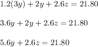 1.2(3y)+2y+2.6z=21.80\\\\3.6y+2y+2.6z=21.80\\\\5.6y+2.6z=21.80