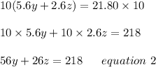 10(5.6y+2.6z)=21.80\times 10\\\\10\times5.6y + 10\times2.6z =218\\\\56y+26z=218 \ \ \ \ \ equation \ 2