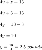 4y+z=13\\\\4y+3=13\\\\4y=13-3\\\\4y = 10\\\\y=\frac{10}{4} = 2.5 \ pounds