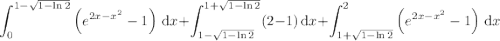 \displaystyle\int_0^{1-\sqrt{1-\ln2}}\left(e^{2x-x^2}-1\right)\,\mathrm dx+\int_{1-\sqrt{1-\ln2}}^{1+\sqrt{1-\ln2}}(2-1)\,\mathrm dx+\int_{1+\sqrt{1-\ln2}}^2\left(e^{2x-x^2}-1\right)\,\mathrm dx