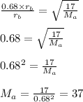 \frac{0.68\times r_{b} }{r_{b} }=\sqrt{\frac{17}{M_{a} } }\\\\ 0.68=\sqrt{\frac{17}{M_{a} } }\\\\0.68^{2}=\frac{17}{M_{a} }\\\\ M_{a}=\frac{17}{0.68^{2} }=37