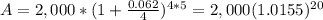 A=2,000* (1+ \frac{0.062}{4}&#10;)^{4*5}=2,000(1.0155)^{20}