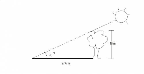 Atree 18 meters high casts a 27.6 meter shadow. find the angle of elevation of the sun. round your a