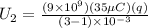U_2 = \frac{(9\times 10^9)(35\mu C)(q)}{(3 - 1)\times 10^{-3}}