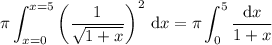 \displaystyle\pi\int_{x=0}^{x=5}\left(\frac1{\sqrt{1+x}}\right)^2\,\mathrm dx=\pi\int_0^5\frac{\mathrm dx}{1+x}