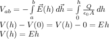 V_{ab} = -\int\limits^b_a {\vec{E}(h)} \, d\vec{h}  = \int\limits^h_0 {\frac{Q}{\epsilon_0 A}} \, dh \\V(h) - V(0) = V(h) - 0 = Eh\\V(h) = Eh