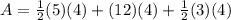 A=\frac{1}{2}(5)(4)+(12)(4)+\frac{1}{2}(3)(4)