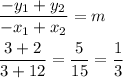 \displaystyle \frac{-y_1 + y_2}{-x_1 + x_2} = m \\ \\ \frac{3 + 2}{3 + 12} = \frac{5}{15} = \frac{1}{3}