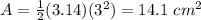 A=\frac{1}{2}(3.14)(3^{2})=14.1\ cm^{2}