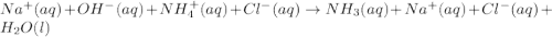 Na^{+}(aq) + OH^{-}(aq) + NH^{+}_{4}(aq) + Cl^{-}(aq) \rightarrow NH_{3}(aq) + Na^{+}(aq) + Cl^{-}(aq) + H_{2}O(l)