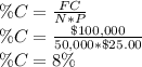 \%C=\frac{FC}{N*P} \\\%C=\frac{\$100,000}{50,000*\$25.00}\\\%C = 8\%